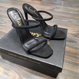 Lulus Theyya Black Suede Square Toe Two Strap Stiletto Heel Mules Size 6.5